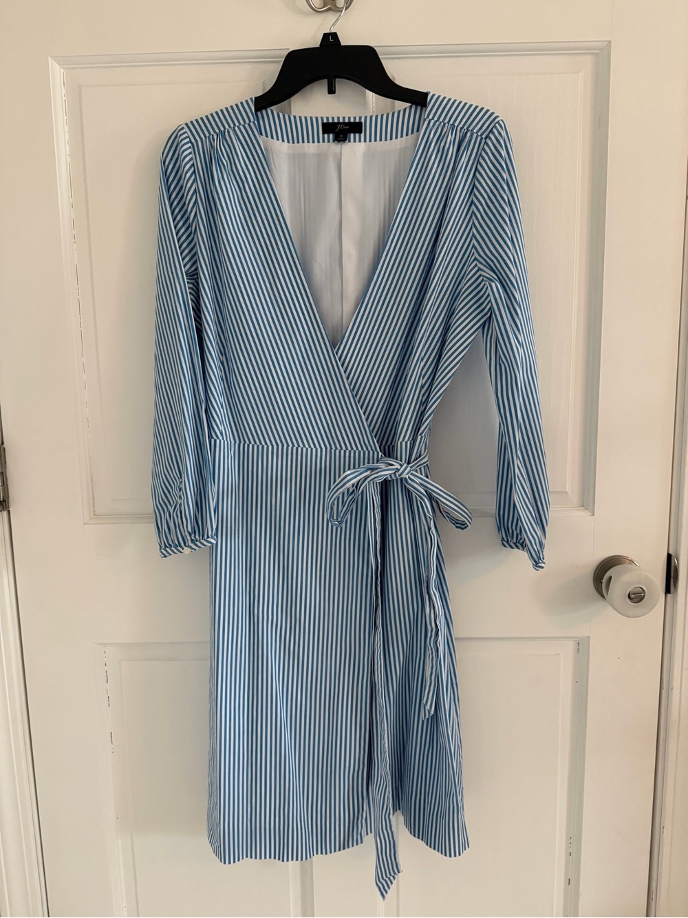 J. Crew Light Blue and White Striped Wrap Dress